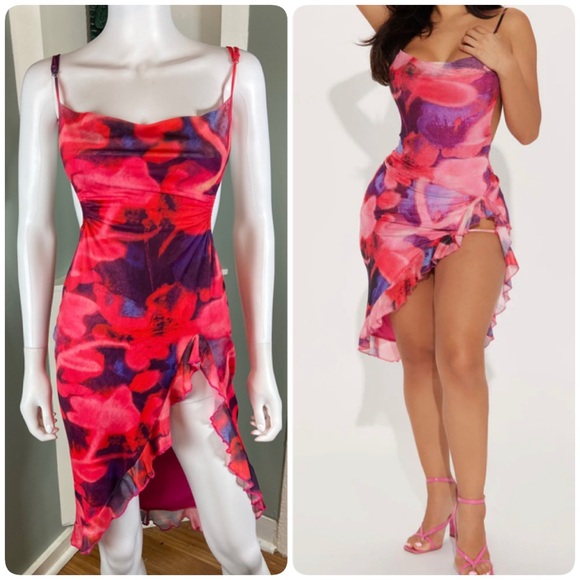 Fashion Nova Dresses & Skirts - NWT New Fashion Nova She’s Electric Ruffle Pink Purple Asymmetrical Mini Dress M